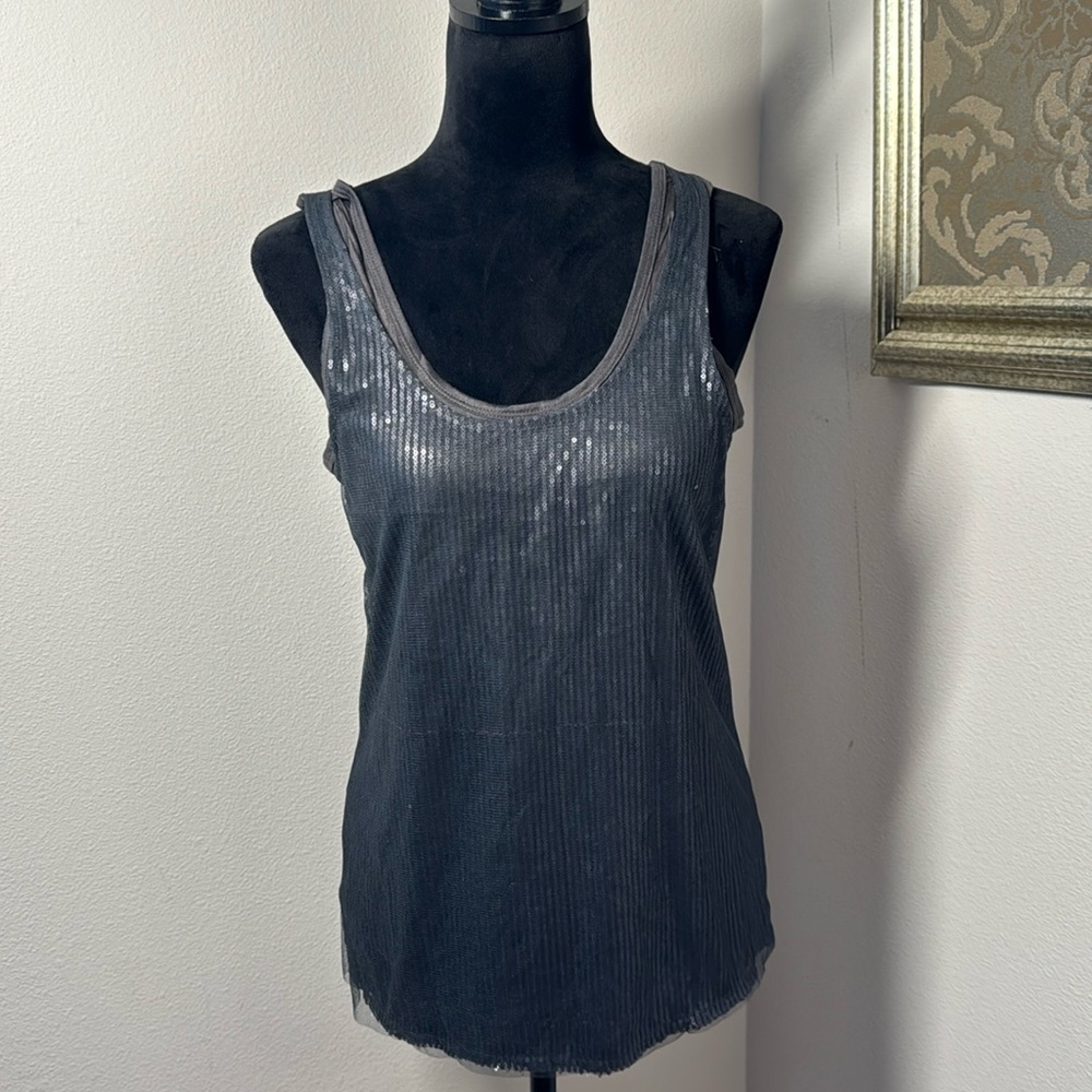 Banana Republic racer back gray‎ sequin mesh layered sleeveless top Sz M